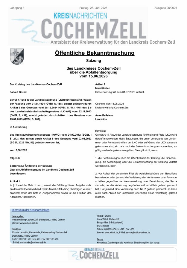 Kreisnachrichten Cochem-Zell Titelblatt 26/2026