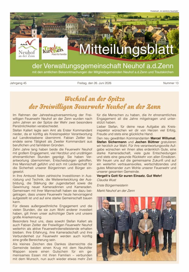 Mitteilungsblatt der Verwaltungsgemeinschaft Neuhof an der Zenn mit den amtlichen Bekanntmachungen der Mitgliedsgemeinden Neuhof an der Zenn und Trautskirchen Titelblatt 13/2026