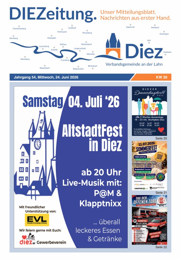DIEZeitung - Mitteilungsblatt der Verbandsgemeinde Diez  Titelblatt 26/2026
