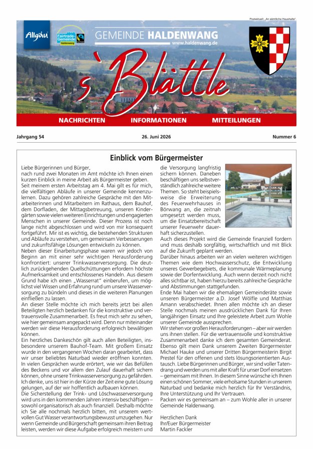 sBlättle der Gemeinde Haldenwang Titelblatt 06/2026