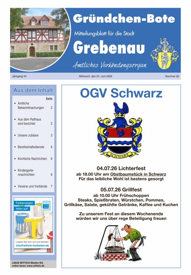 Grebenau - Gründchen Bote - Mitteilungsblatt für die Stadt Grebenau Titelblatt 26/2026