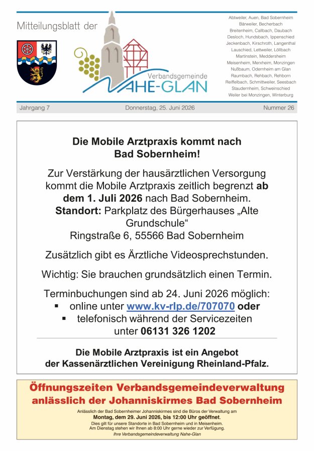 Mitteilungsblatt für die Verbandsgemeinde Nahe-Glan Titelblatt 26/2026