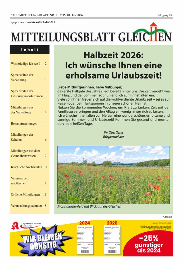 Mitteilungsblatt Gleichen Titelblatt 13/2026