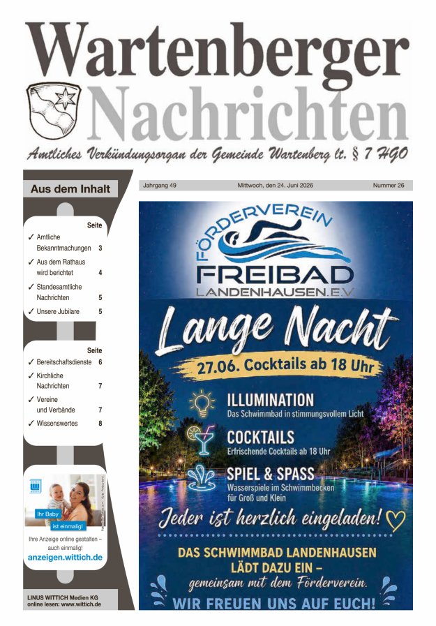Wartenberger Nachrichten Titelblatt 26/2026