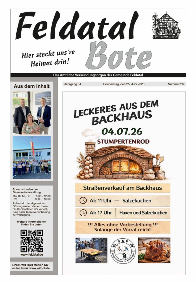 Das Amtliche Verkündungsorgan der Gemeinde Feldatal Titelblatt 26/2026