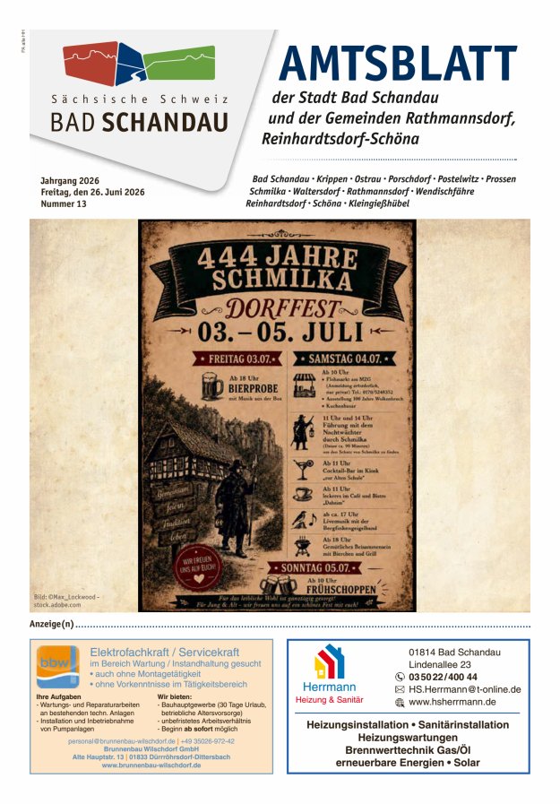 Amtsblatt der Stadt Bad Schandau und der Gemeinden Titelblatt 13/2026