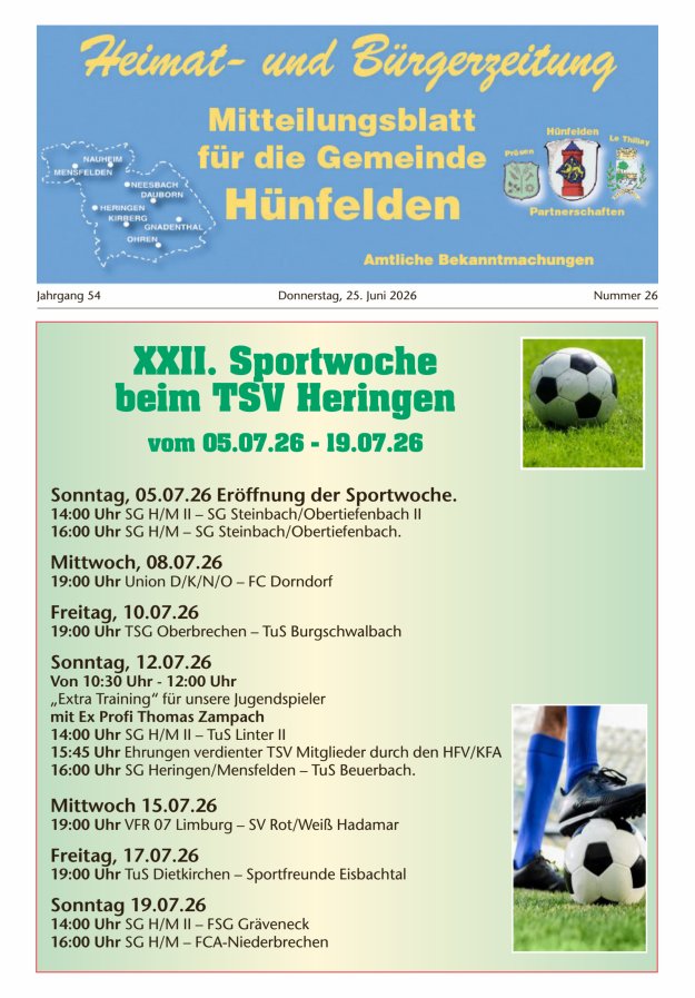 Mitteilungsblatt für die Gemeinde Hünfelden Titelblatt 26/2026