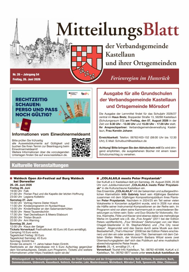 Mitteilungsblatt Kastellaun Titelblatt 26/2026