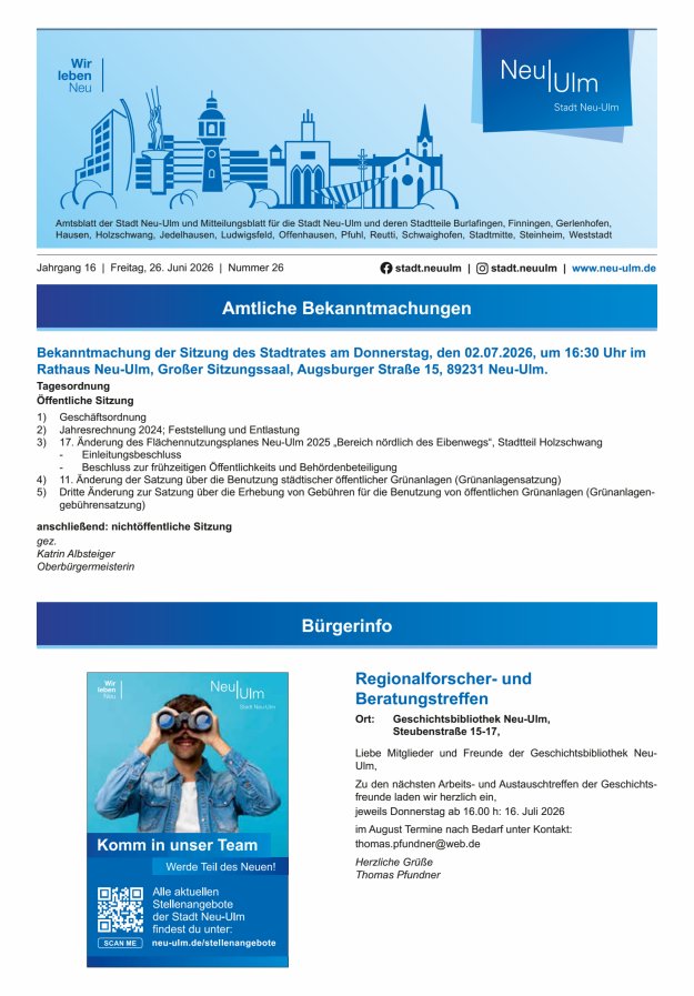 Amtsblatt der Stadt Neu-Ulm und Mitteilungsblatt für die Stadt Neu-Ulm Titelblatt 26/2026