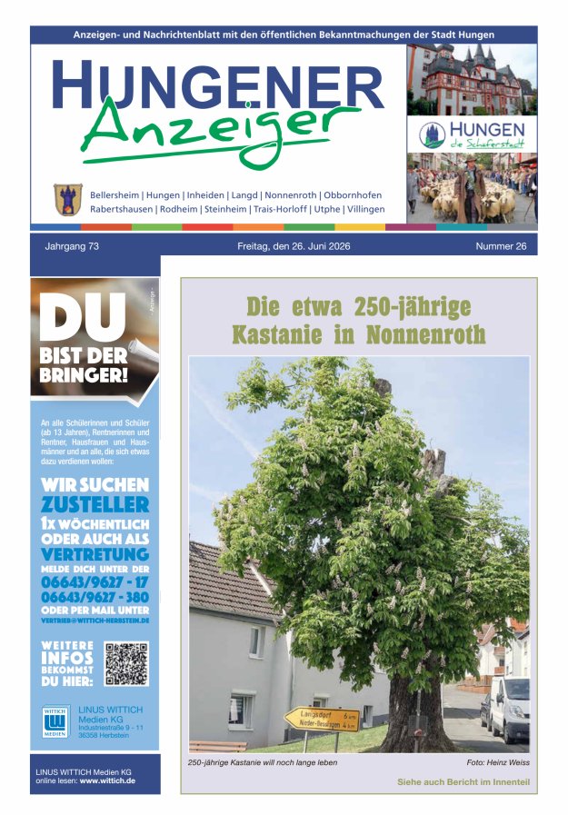 Anzeigen- und Nachrichtenblatt mit den öff  Bekanntmachungen der Stadt Hungen Titelblatt 26/2026