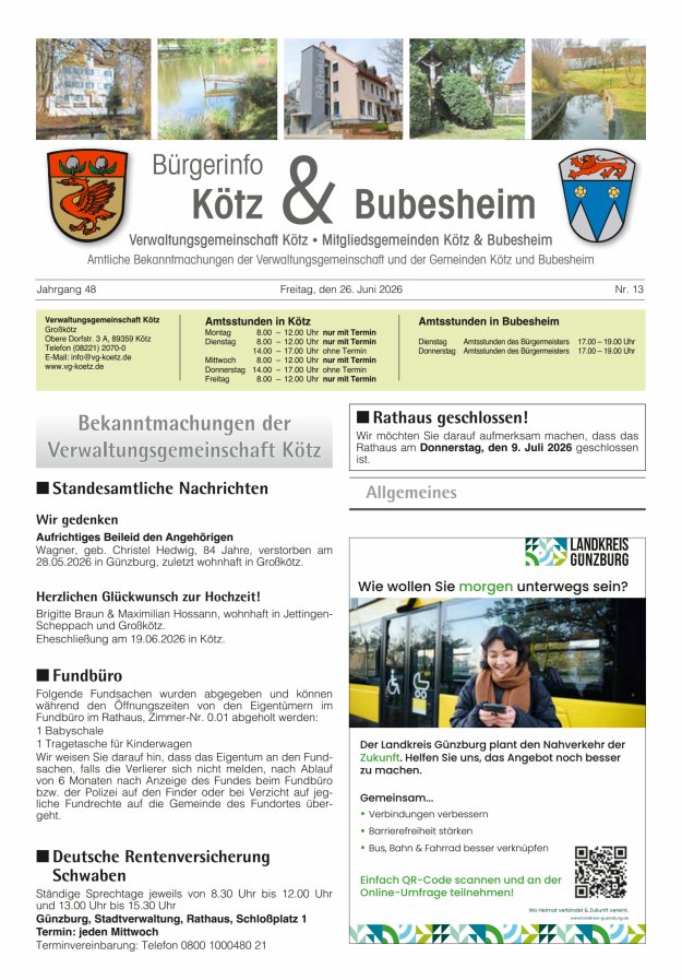 Amtsblatt der VG Kötz und der Mitgliedsgemeinden Titelblatt 13/2026
