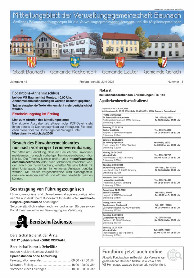 Mitteilungsblatt Verwaltungsgemeinschaft Baunach Titelblatt 13/2026