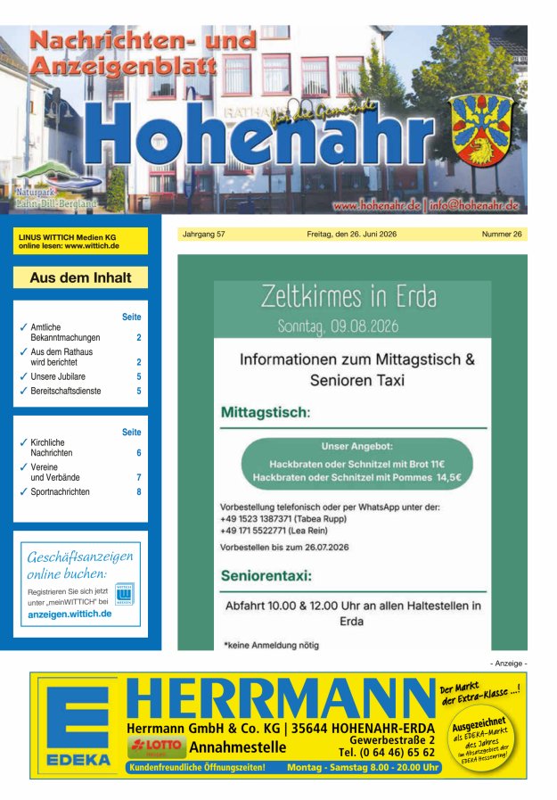Nachrichten- und Anzeigenblatt für die Gemeinde Hohenahr Titelblatt 26/2026