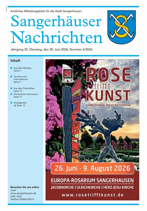 Sangerhäuser Nachrichten – Amtliches Mitteilungsblatt für die Stadt Sangerhausen Titelblatt 06/2026