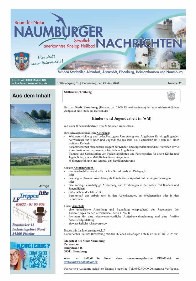 Naumburger Nachrichten Titelblatt 26/2026