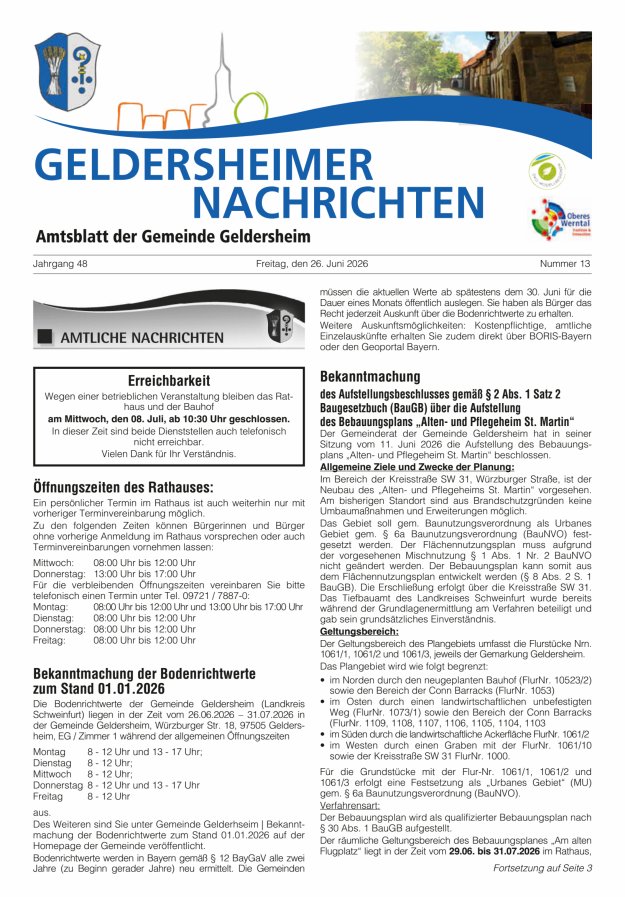 Geldersheimer Nachrichten Amtsblatt der Gemeinde Geldersheim Titelblatt 13/2026