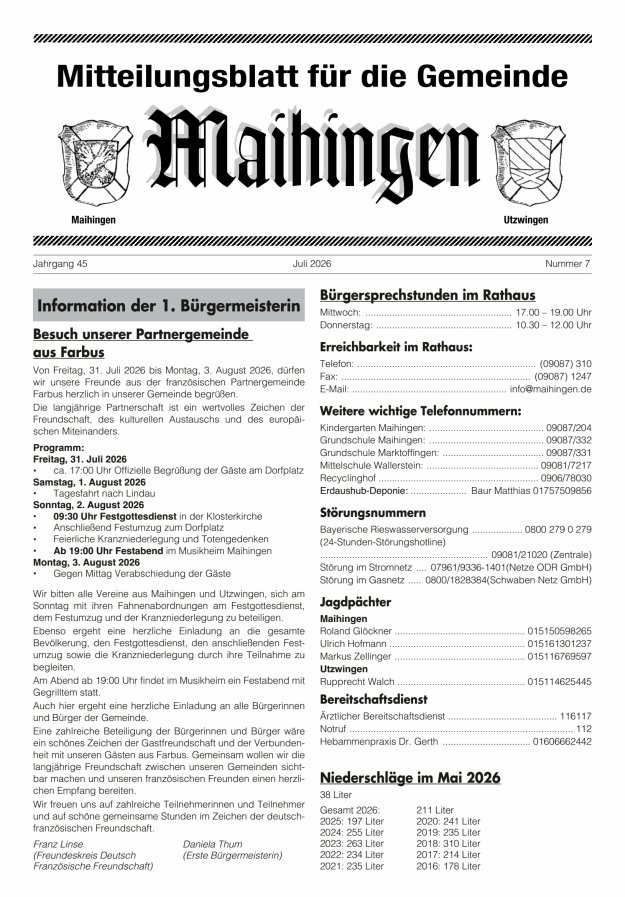 Mitteilungsblatt für die Gemeinde Maihingen Titelblatt 07/2026