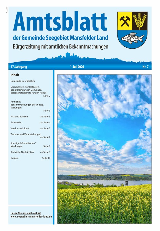 Amtsblatt der Gemeinde Seegebiet Mansfelder Land Titelblatt 07/2026