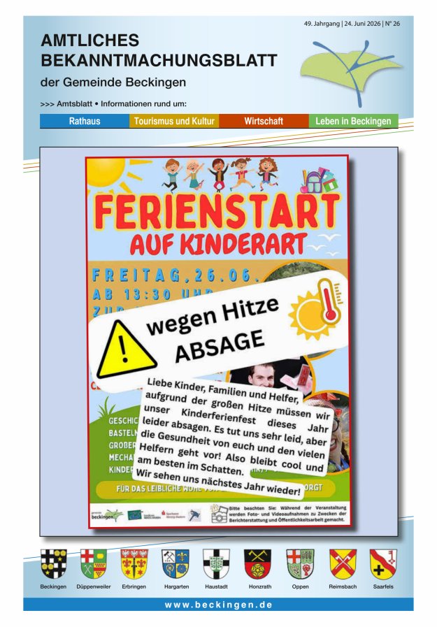 Amtsblatt Beckingen Titelblatt 26/2026