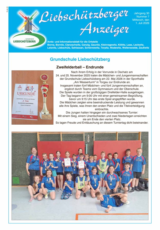 Liebschützberger Anzeiger - Amts- und Informationsblatt Titelblatt 07/2026