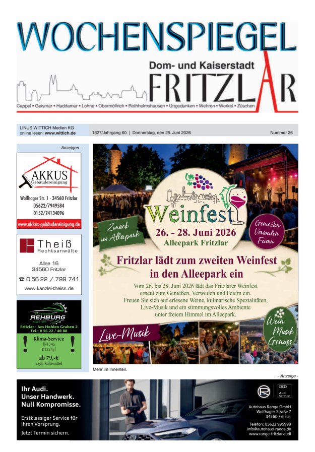 Wochenspiegel Dom- und Kaiserstadt Fritzlar Titelblatt 26/2026