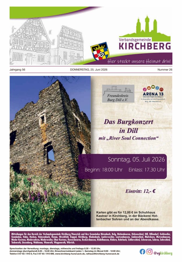 Mitteilungen der Verbandsgemeinde Kirchberg Hunsrück Titelblatt 26/2026