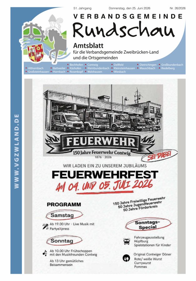 Verbandsgemeinde Rundschau Zweibrücken-Land Titelblatt 26/2026