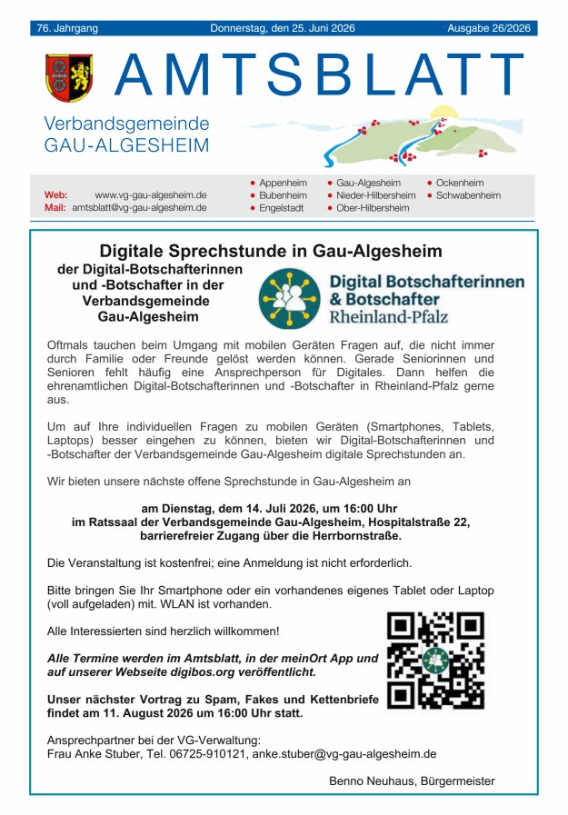 Amtsblatt der VG Gau-Algesheim Titelblatt 26/2026