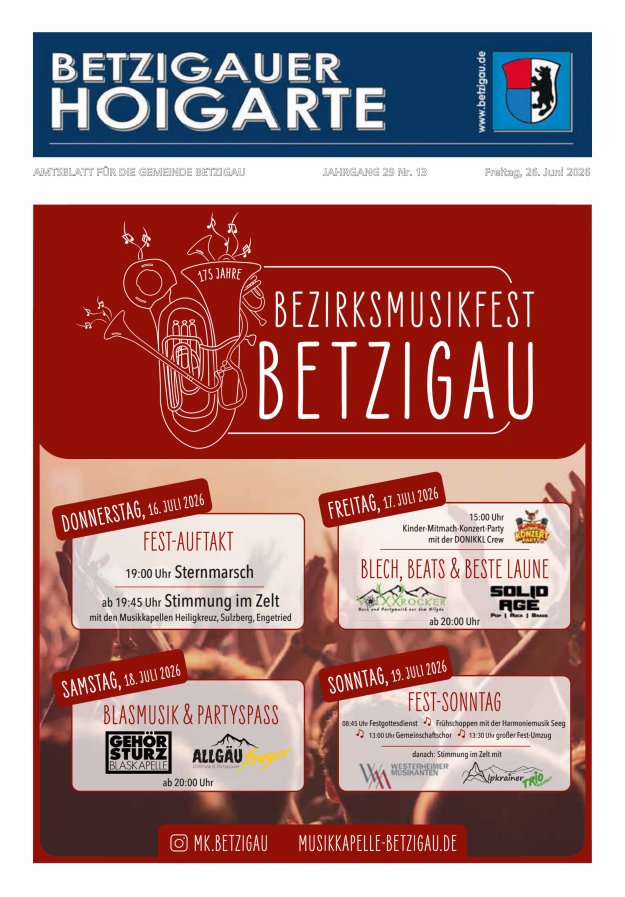 Betzigauer Hoigarte Amtsblatt der Gemeinde Betzigau Titelblatt 13/2026