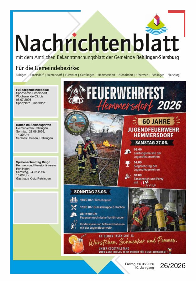 Nachrichtenblatt Rehlingen-Siersburg Titelblatt 26/2026