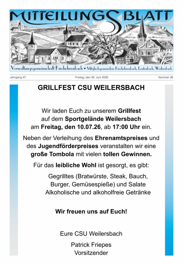 Mitteilungsblatt Verwaltungsgemeinschaft Kirchehrenbach Titelblatt 26/2026