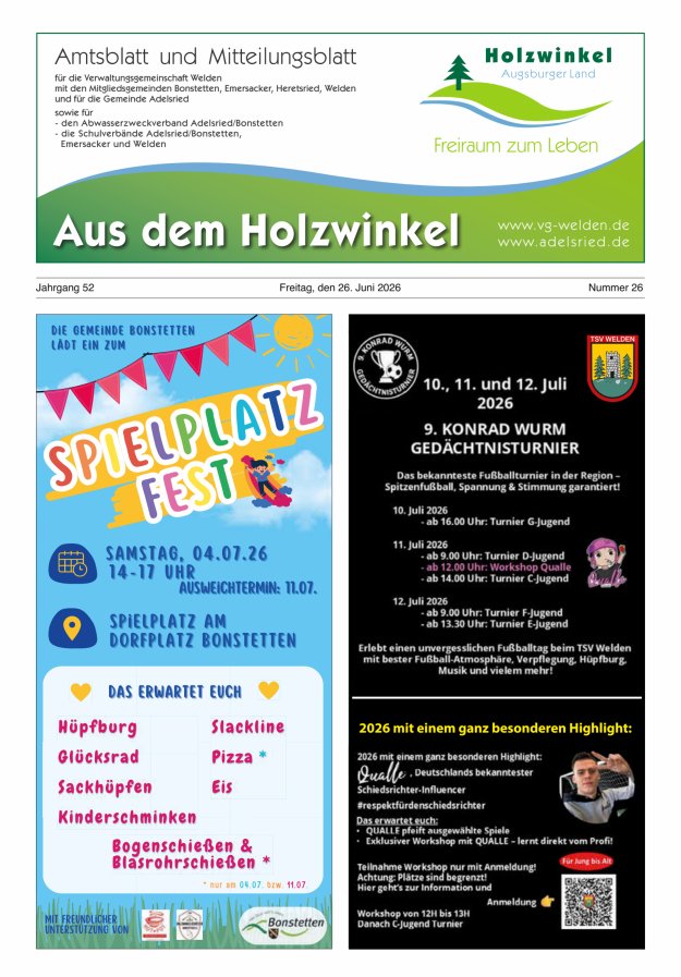 Aus dem Holzwinkel Amtsblatt u Mitteilungsblatt f VG Welden u GemAdelsried Titelblatt 26/2026