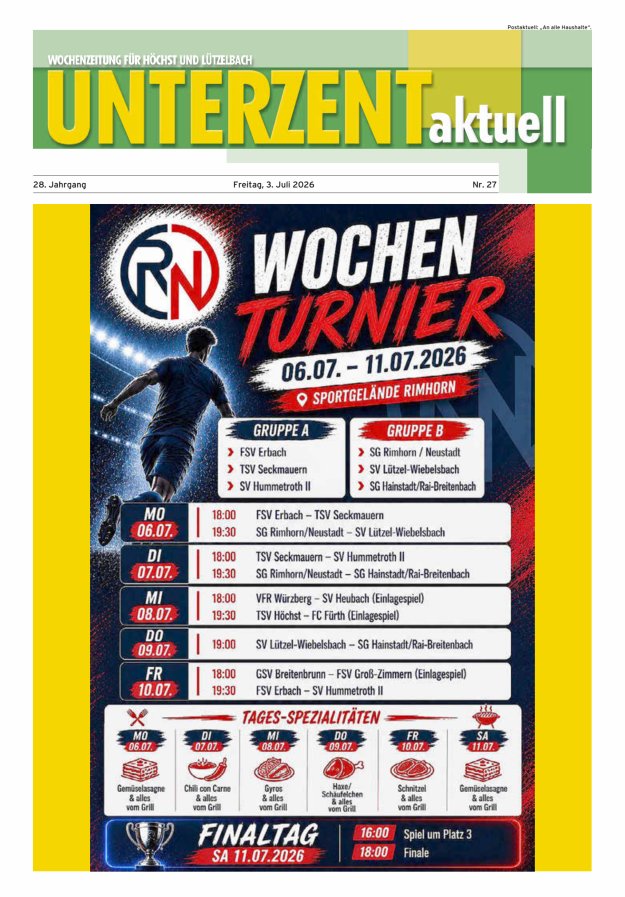 Unterzent aktuell Wochenzeitung für Höchst und Lützelbach Titelblatt 27/2026
