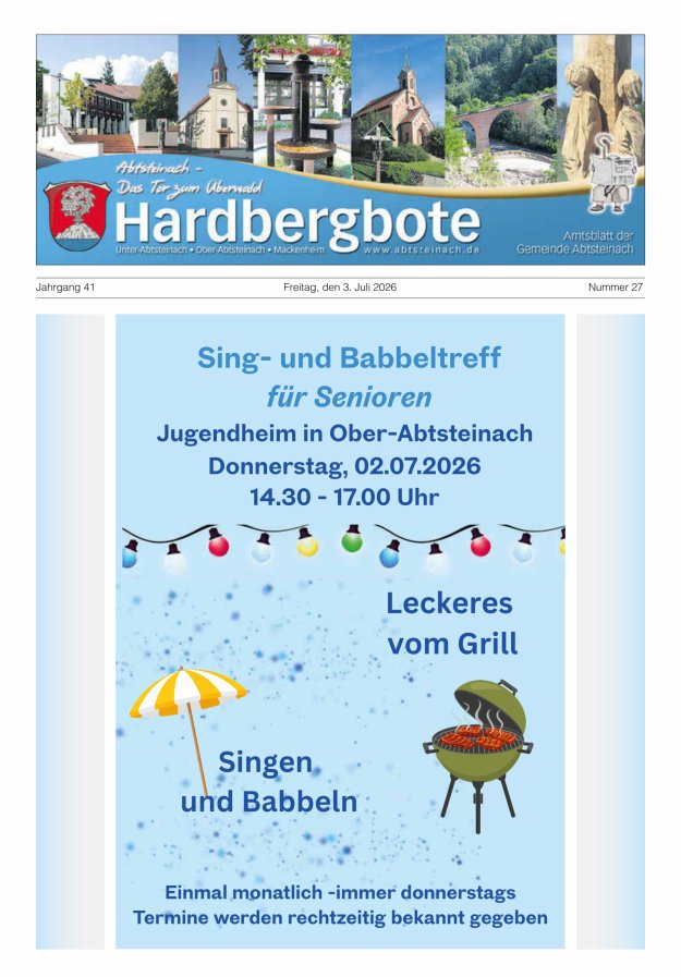 Hardbergbote - Mitteilungsblatt der Gemeinde Abtsteinach Titelblatt 27/2026