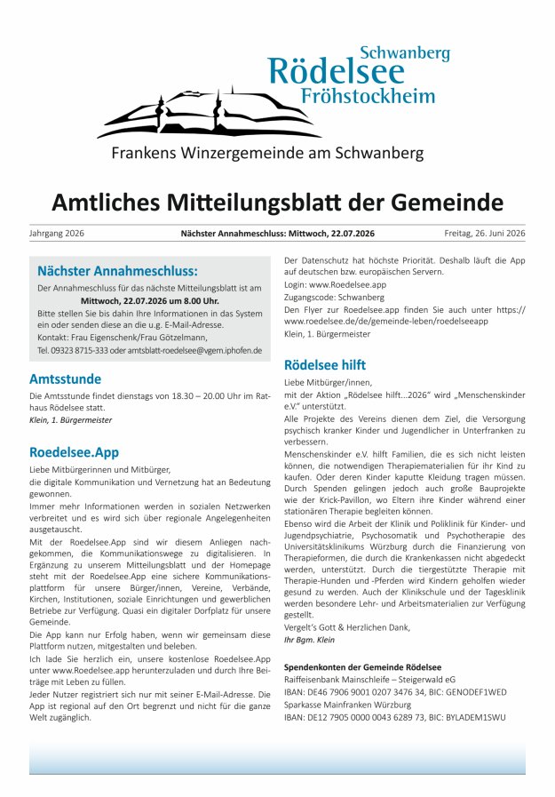 Amtliches Mitteilungsblatt der Gemeinde Rödelsee Titelblatt 06/2026