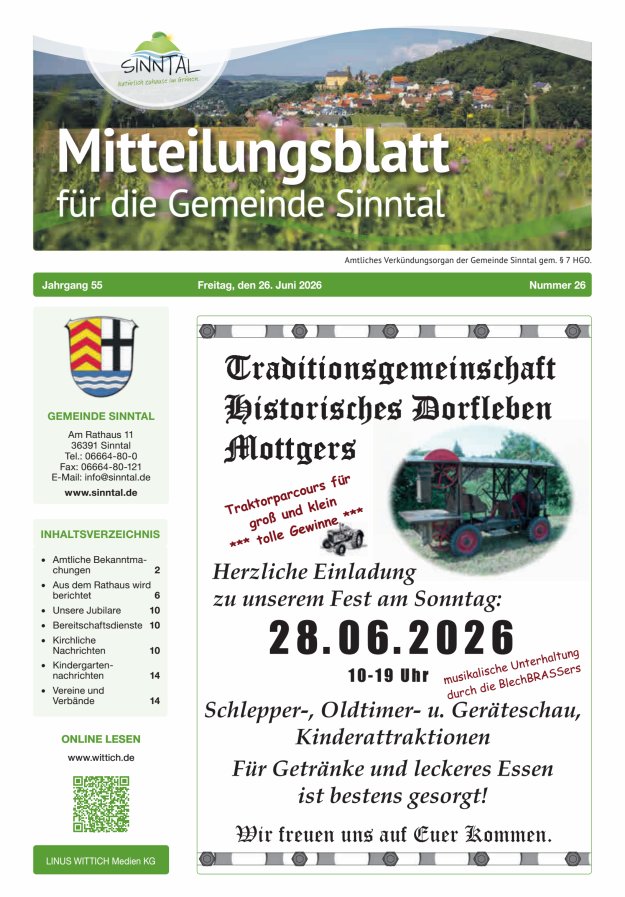 Mitteilungsblatt für die Gemeinde Sinntal Titelblatt 26/2026