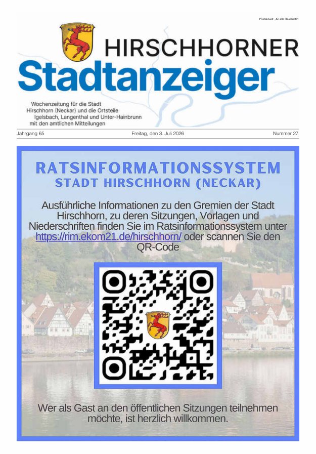 Hirschhorner Stadtanzeiger Titelblatt 27/2026