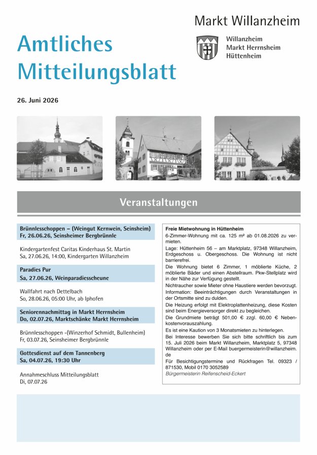 Amtliches Mitteilungsblatt des Marktes Willanzheim Titelblatt 13/2026