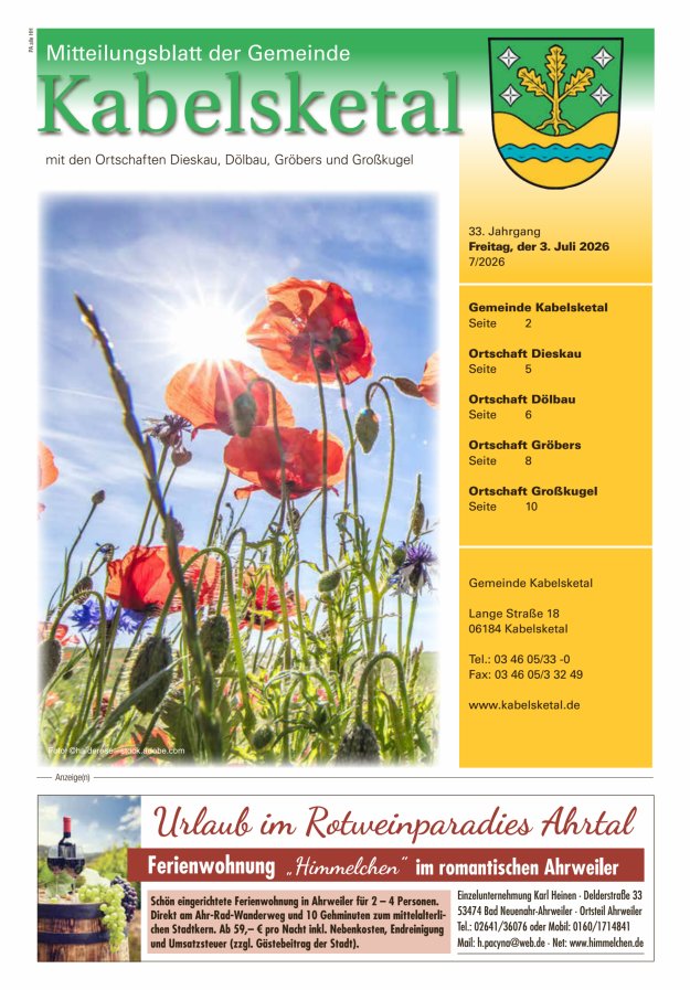 Amtsblatt der Gemeinde Kabelsketal mit den Ortsteilen Titelblatt 07/2026