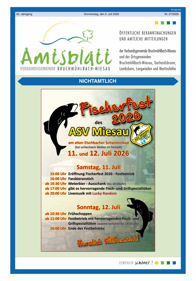 Amtsblatt der VG Bruchmühlbach-Miesau Titelblatt 27/2026