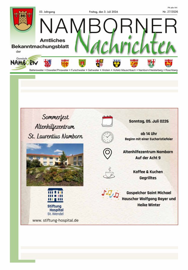 Namborner Nachrichten Titelblatt 27/2026