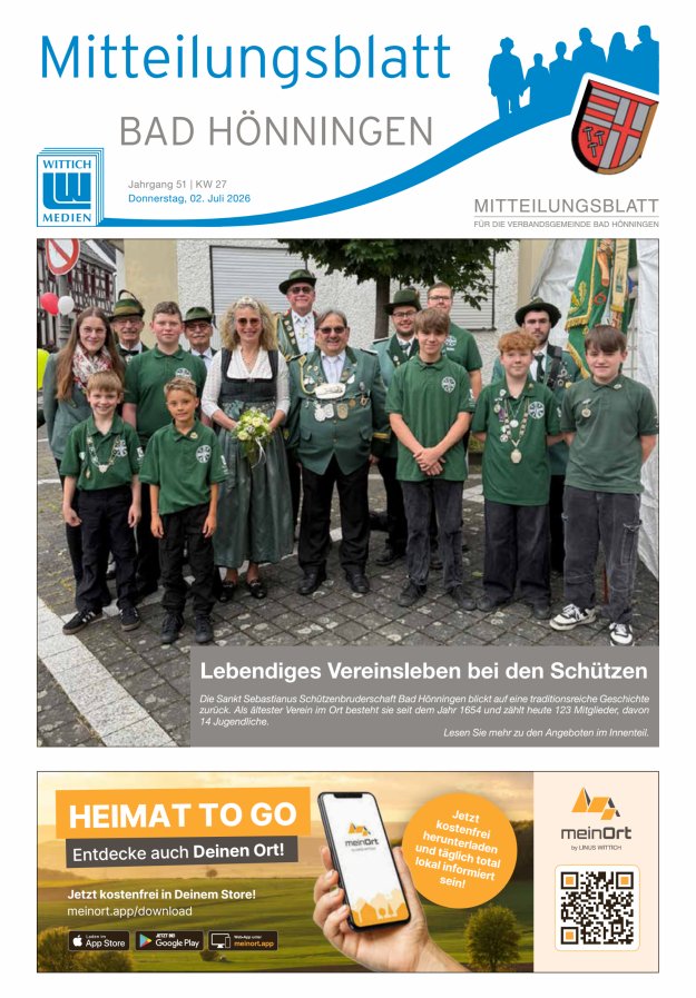 Mitteilungsblatt für den Bereich der Verbandsgemeinde Bad Hönningen Titelblatt 27/2026