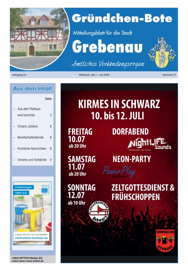 Grebenau - Gründchen Bote - Mitteilungsblatt für die Stadt Grebenau Titelblatt 27/2026