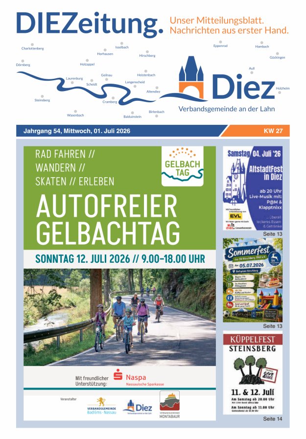 DIEZeitung - Mitteilungsblatt der Verbandsgemeinde Diez  Titelblatt 27/2026