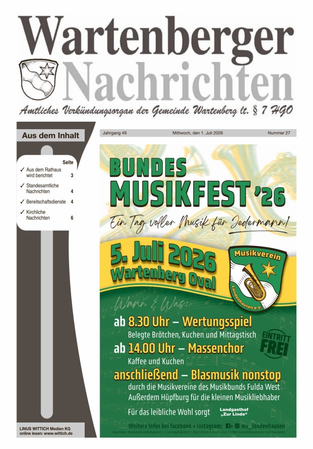 Wartenberger Nachrichten Titelblatt 27/2026