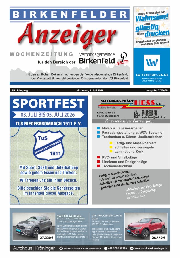 Birkenfelder Anzeiger Titelblatt 27/2026