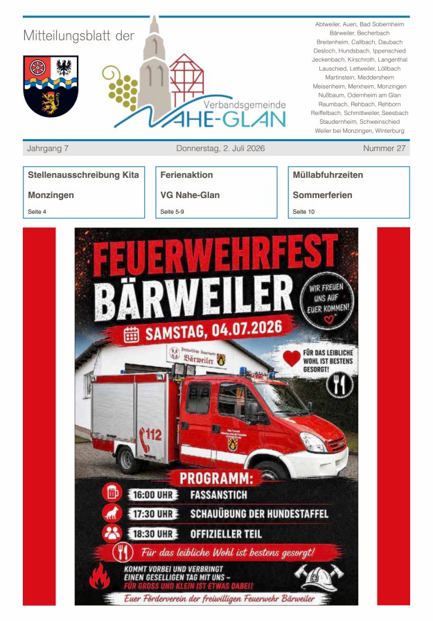 Mitteilungsblatt für die Verbandsgemeinde Nahe-Glan Titelblatt 27/2026