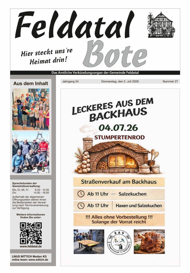 Das Amtliche Verkündungsorgan der Gemeinde Feldatal Titelblatt 27/2026