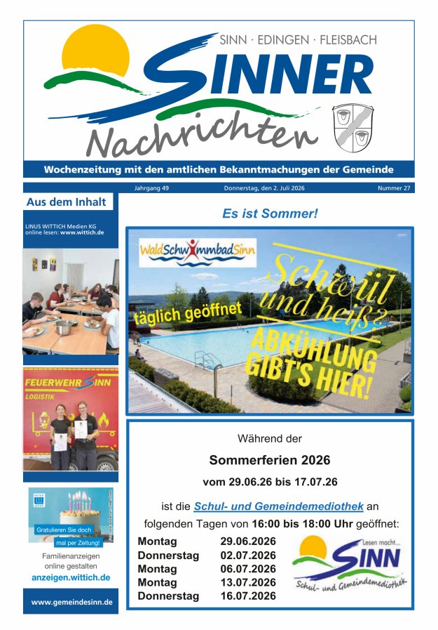 Sinner Nachrichten Titelblatt 27/2026