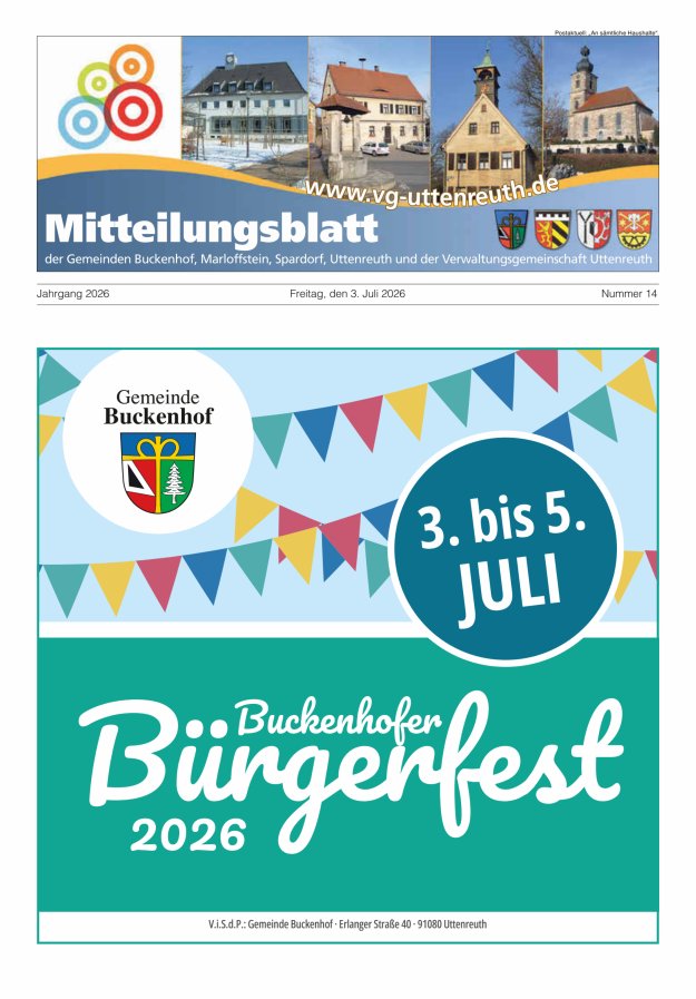 Mitteilungsblatt der Verwaltungsgemeinschaft Uttenreuth Titelblatt 14/2026